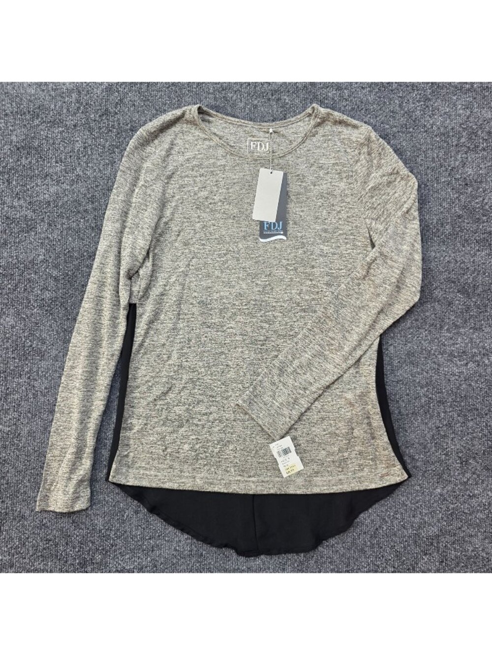 FDJ Mixed Media Tunic Top S Gray Black High Low Hem Sheer Colorblock Mod Edgy